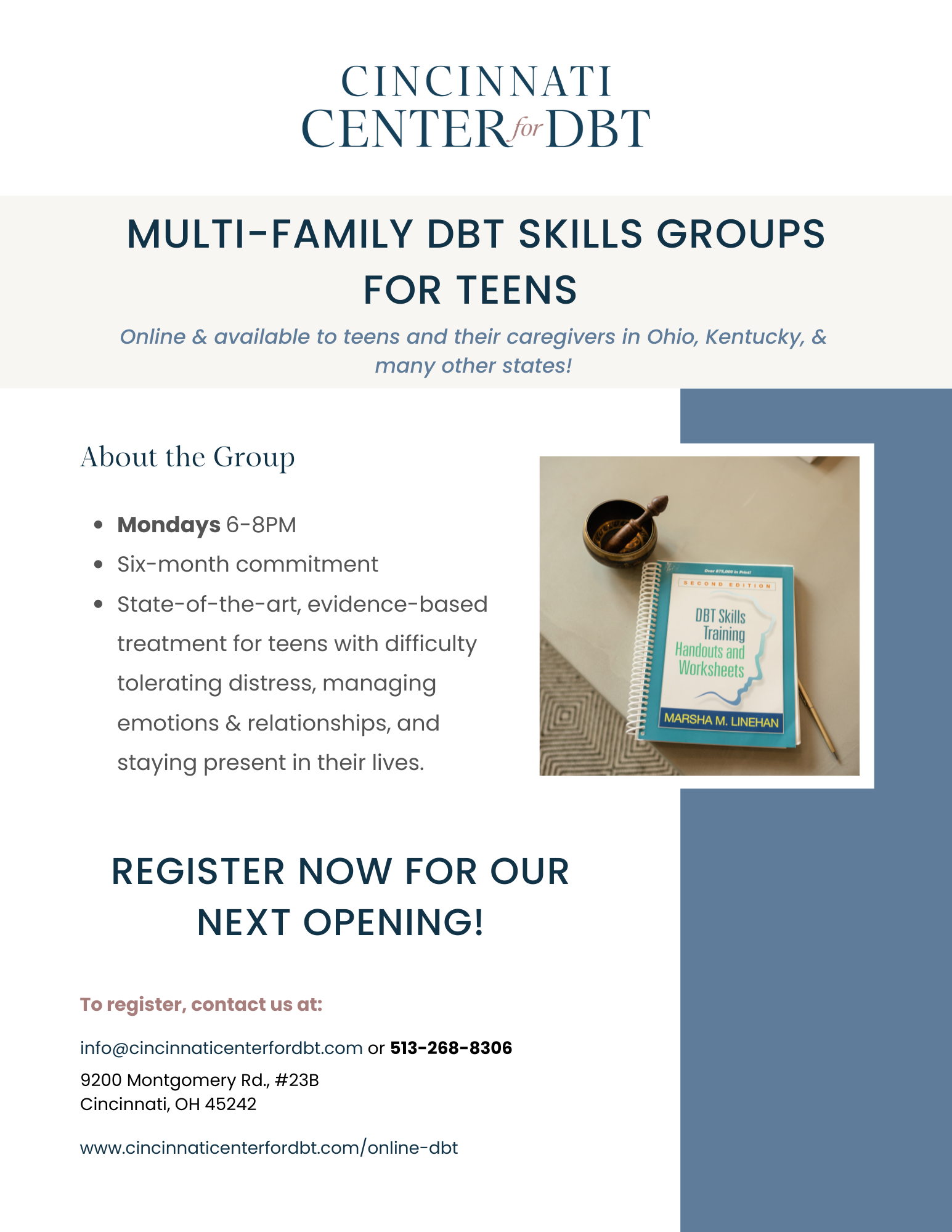 Flyer for Multi-family DBT skills training group for teens and their caregivers. Mondays 6-8PM online for Ohio, Kentucky, and PSYPACT state residents.