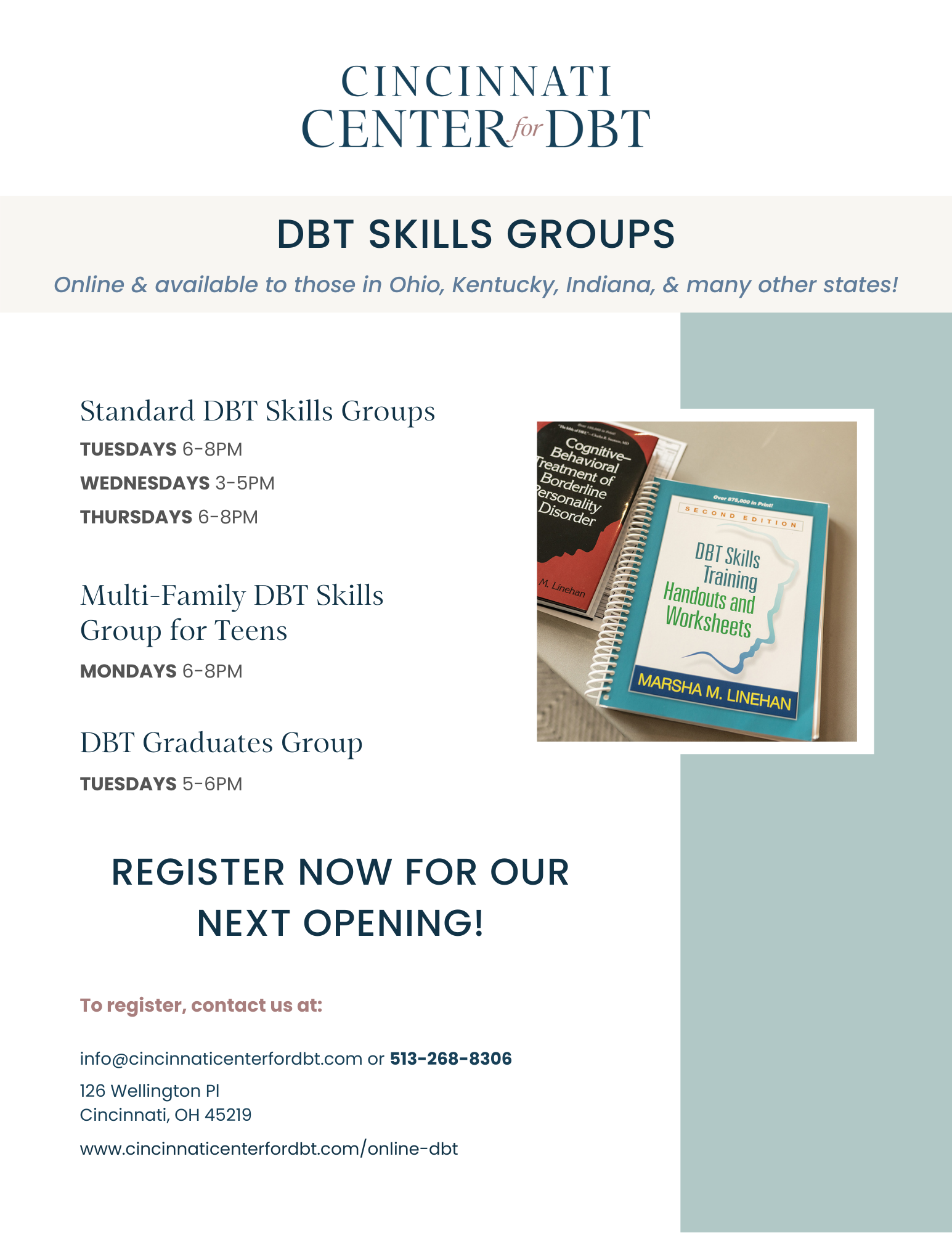 Flyer about Cincinnati Center for DBT's DBT Skills training groups for adults, adolescents, and families