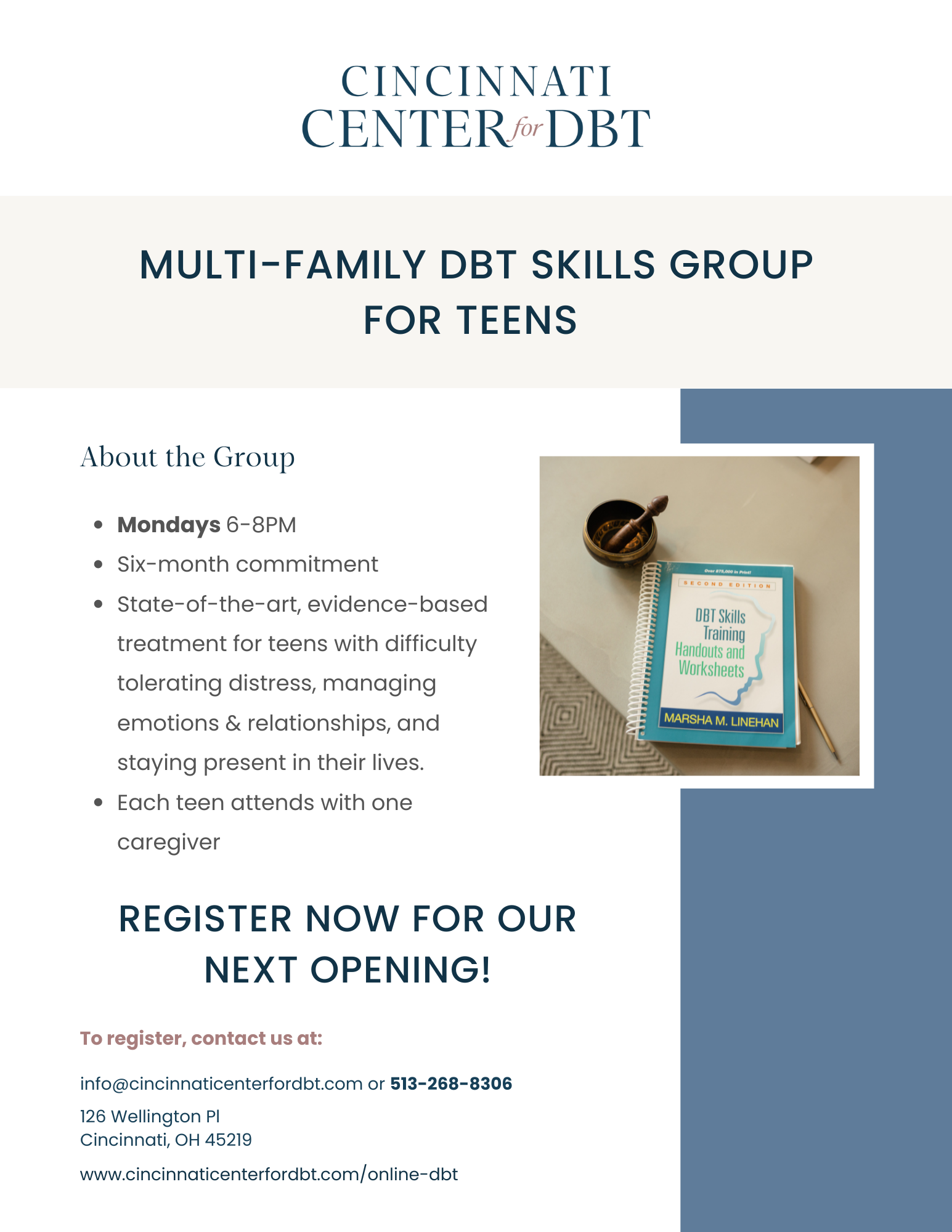 Flyer about Cincinnati Center for DBT's multi-family DBT skills training groups for adolescent teens and caregivers