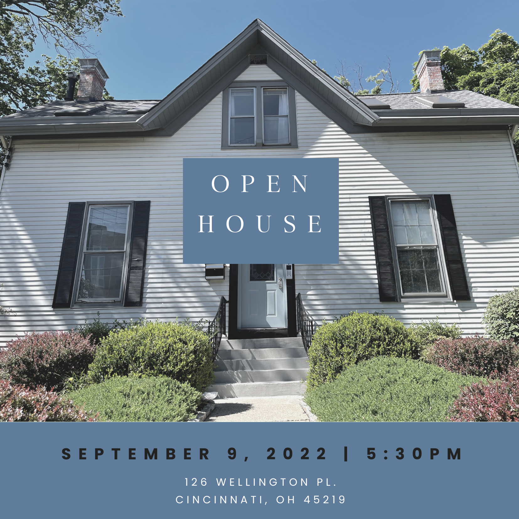 Cincinnati Center for DBT front of therapy office building, with text stating open house 9/9 5:30-7:30PM at 126 Wellington Pl, Cincinnati, OH 45219